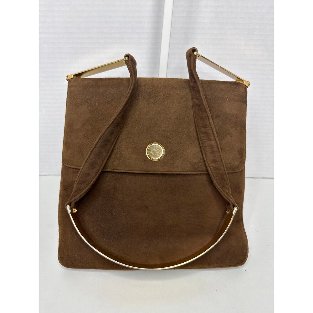 Prestige Vintage suede brown bag with gold hardware & flap closure - Picture 2 of 13